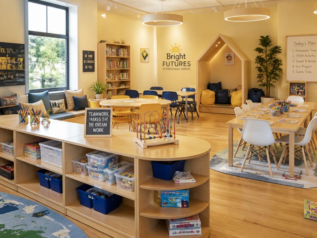 Bright, modern afterschool classroom with learning stations and cozy reading areas