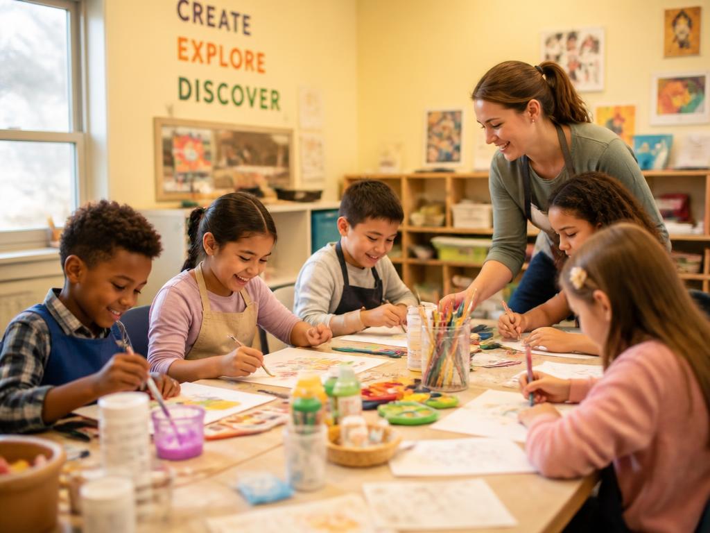 Children painting and doing arts and crafts together in a cheerful classroom
