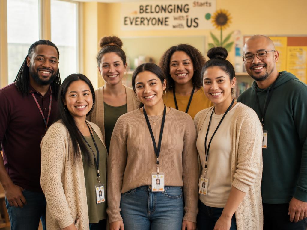 Friendly educators gathered in a bright hallway